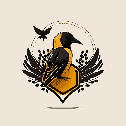 a honey bee sitting on a ravens head. Minimalistic logo vector