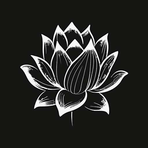 simple iconic logo of a lotus flower, white vector on black background