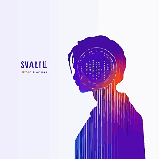 simple minimal circle logo of a person side face, pixel art, matrix code, flat vector logo, blue purple orange gradient, simple minimal, style of japanese book cover