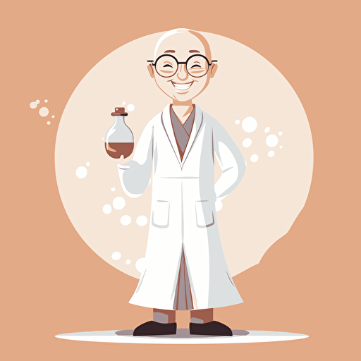 a chinese scientist holding a flask wearing lab gown bald no eye glasses smiling, happy face, 2d art, vector no glasses, no eye wear.