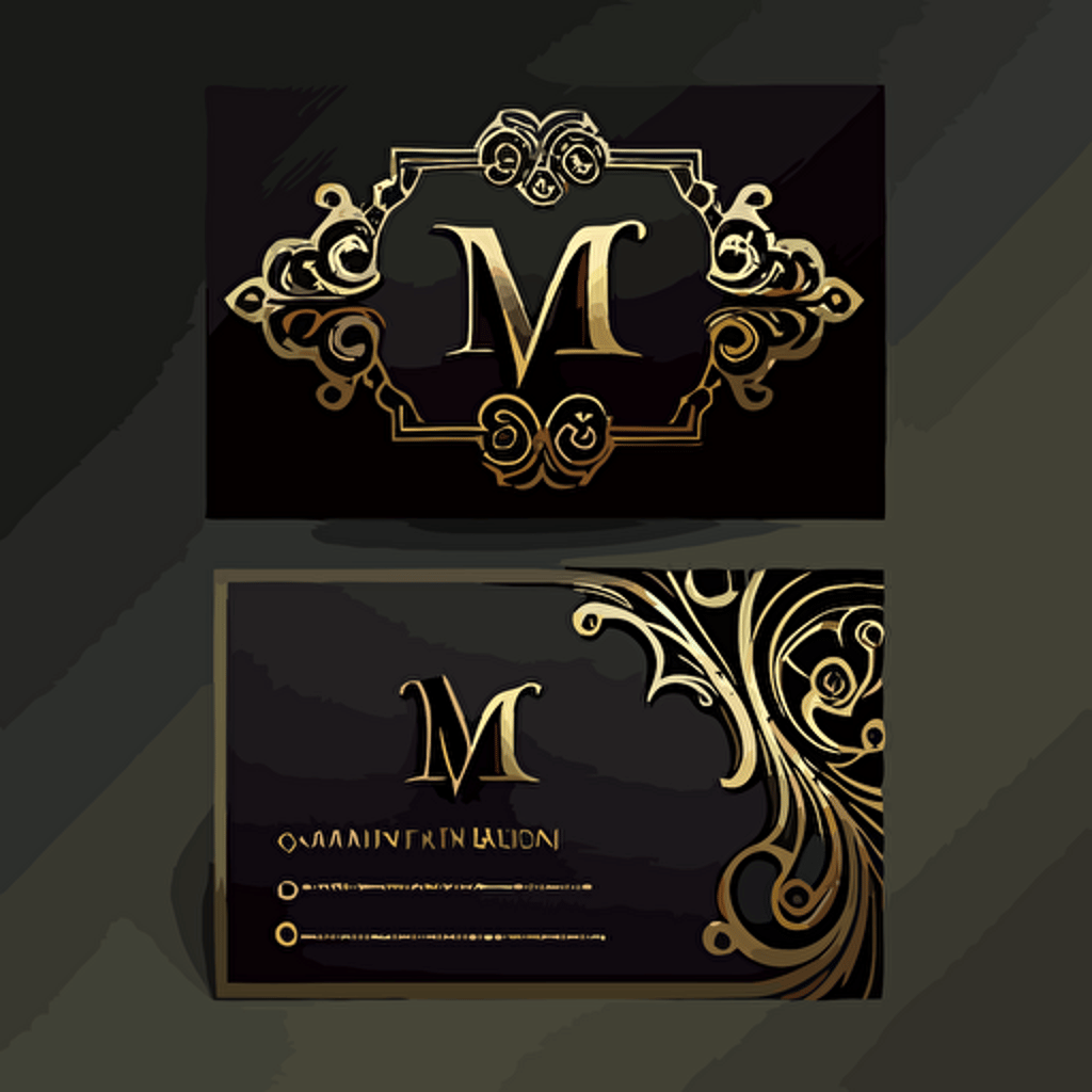 business card logo with ghotic M letter, dark ornamental style,filigrane, vector, ultra definition
