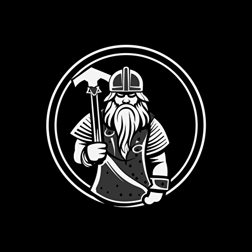 solid line white on black, medieval axe man, black background, vector, 3:4, simple 2D