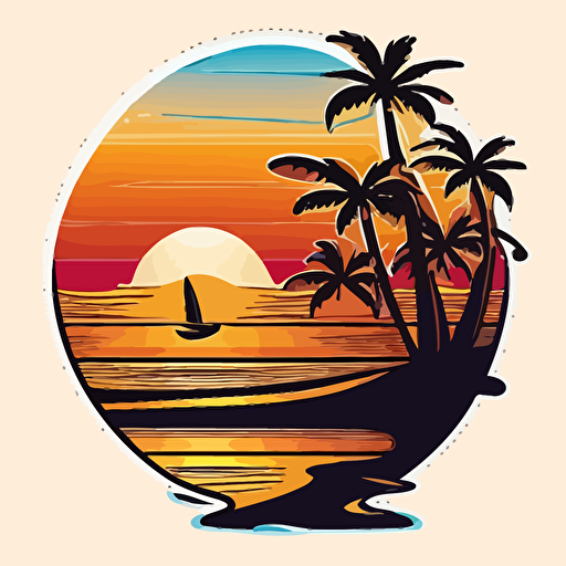 create a wooden vector-style surfboard stuck in the sand of a beach next to palm trees and waves of water in a circle on white background simple and vector style very colorful with sunset