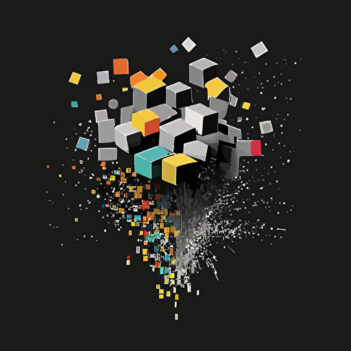 simple logo, minimalist, cuded vectorized that makes up a funnel, gray and black colors on the exterior print layer , delicacy, interlayer of 1/2 size small muilti-colored cubes inside falling out of the cube, with different shades, black background