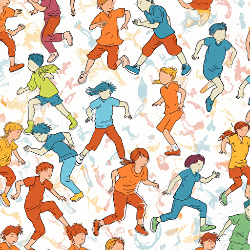Vector illustration, continuous repeating pattern of children running around playing, with white background, in vivid colors.