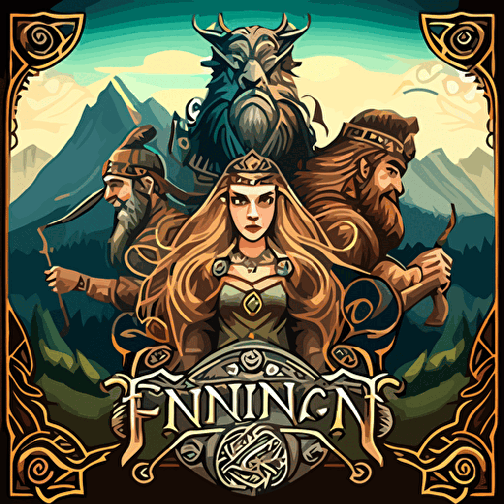 fantasy game cover, detailed, vector art, style of art nouveau, 4 charaters, hints of celtic designs, hints of viking designs, on a background of mountains, and forests