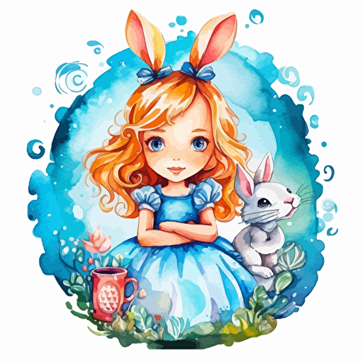 cute alice in wonderland for kids, watercolor, vector