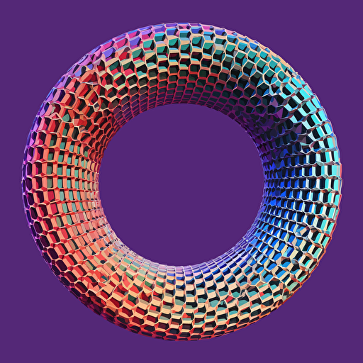 minimalist, a single toroid, angular isometric view, hyper geometry, electromagnetism, physics, spinor, vectors, abstract, colorful, monochromatic background, toroidal mathmatical structure, lattice with vertices : High