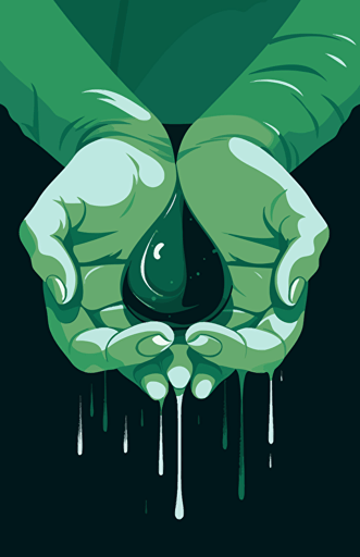 green rainwater in hands vector, in the style of dark green and white background, massurrealism, drugcore, flat, 2d game art, anti-gloss