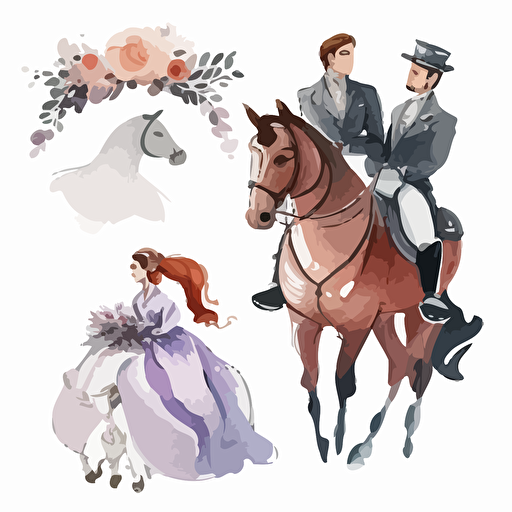 vector illustrations ,very cute wedding illustrations clipart set,beautiful newlyweds riding a horse, on a white background separate elements with a margin, watercolors , husband and wife on their wedding day riding a horse together , love