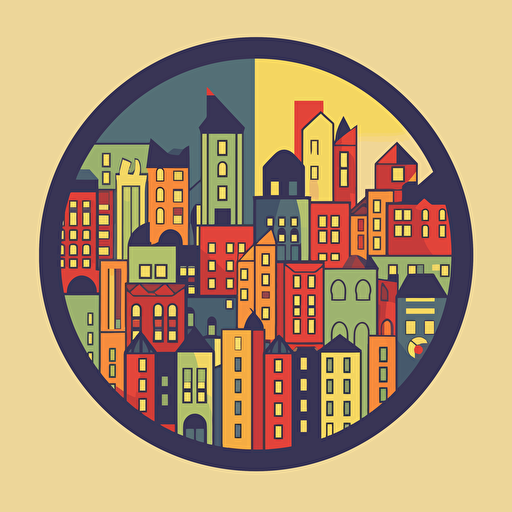 a basic city themed card back design in a symmetrical design, fun primary colours with a vector art style