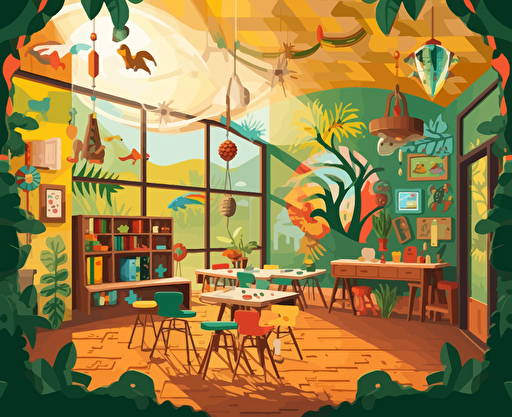 Boho Art Design vector of a learning environment that looks like a lego world and inspires and motivates learners
