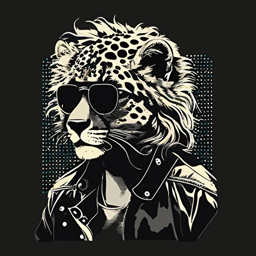 an 80s spirit illustration with a leopard, vector, in black and white, flat 2d