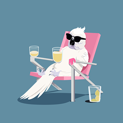 A white cockatoo wearing black rimmed sunglasses with pink lenses, laying on its back in a lawn chair drinking a single cocktail. flat style illustration for business ideas, flat design vector, industrial, light color pallet using a limited color pallet, high resolution, engineering/ construction and design, colored cartoon style, light indigo and light gold, cad( computer aided design) , white background