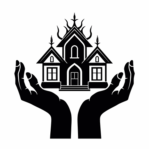 hands arranged (from up to down) in a way that resembles the shape of a house with a window and a crown on top of the house, black on white, vector, icon