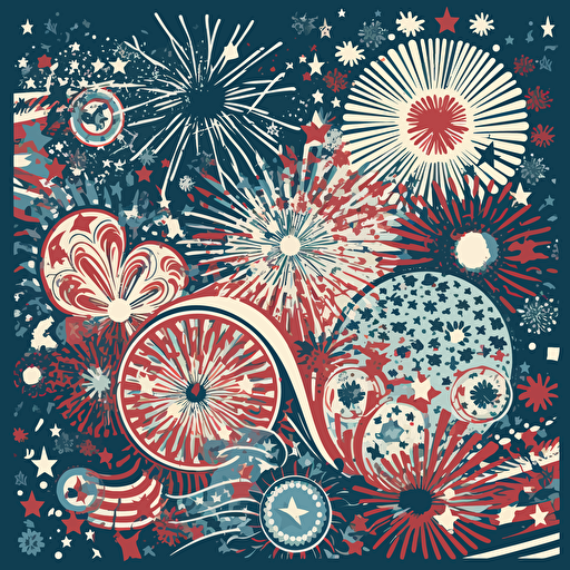 vector illustration, 4th of July celebration with flags and fireworks, red, white, blue intricate detail