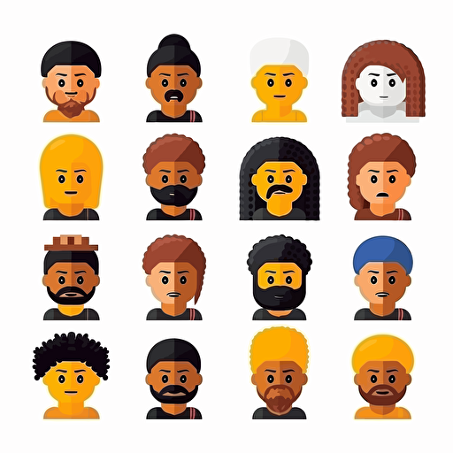one color on a white background diverse African american male lego heads with hair flat vector minimalist style