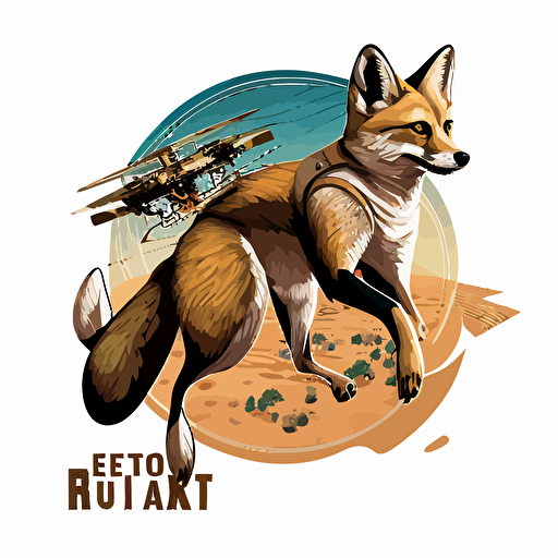 A desert fox riding an aerial drone, logo, vector art