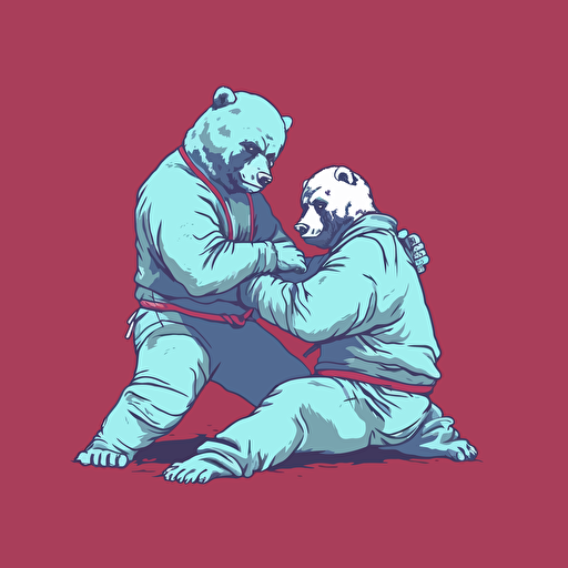 Bear holding another bear's leg between its own leg taking the bear down, wearing jiu jitsu clothes, vector animation illustration, 4 colors limit, solid background, high resolution