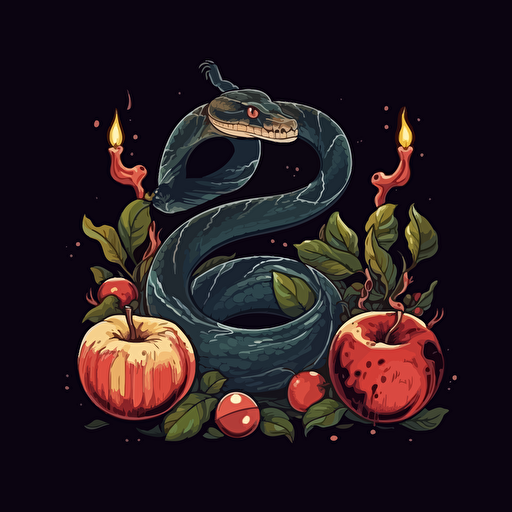 stylistic angry cobra. Dead leaves and rotting apples. Burning candle. High detail. Vector image. Drawing. Black background.