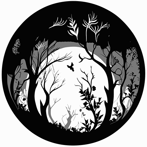 fantastical forest, monotone, single layer, no shadows, #000000, 700mm diameter perfect circle, black outer border, vector art