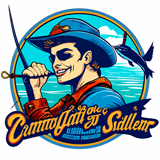 Logo retro design for an offshore fishing company "Saltwater Cowboy Charters" that features a young superman comic book style cowboy wearing sunglasses, holding a fishing pole, riding on top of a cartoon style blue marlin, flat, vector, 2D