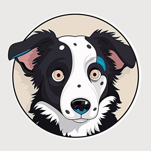 a cute smiling border collie, sticker, vector, big eyes, one blue, one brown