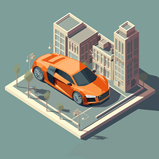 isometric world, Audi R8 Coupe, parked on street in Chicago, in the style of Matthew Skiff illustrations, in the style of Christopher Lee illustrations, in the style of Jonathan Ball illustrations, simple, rough-edged drawing, vector illustration, flat art,