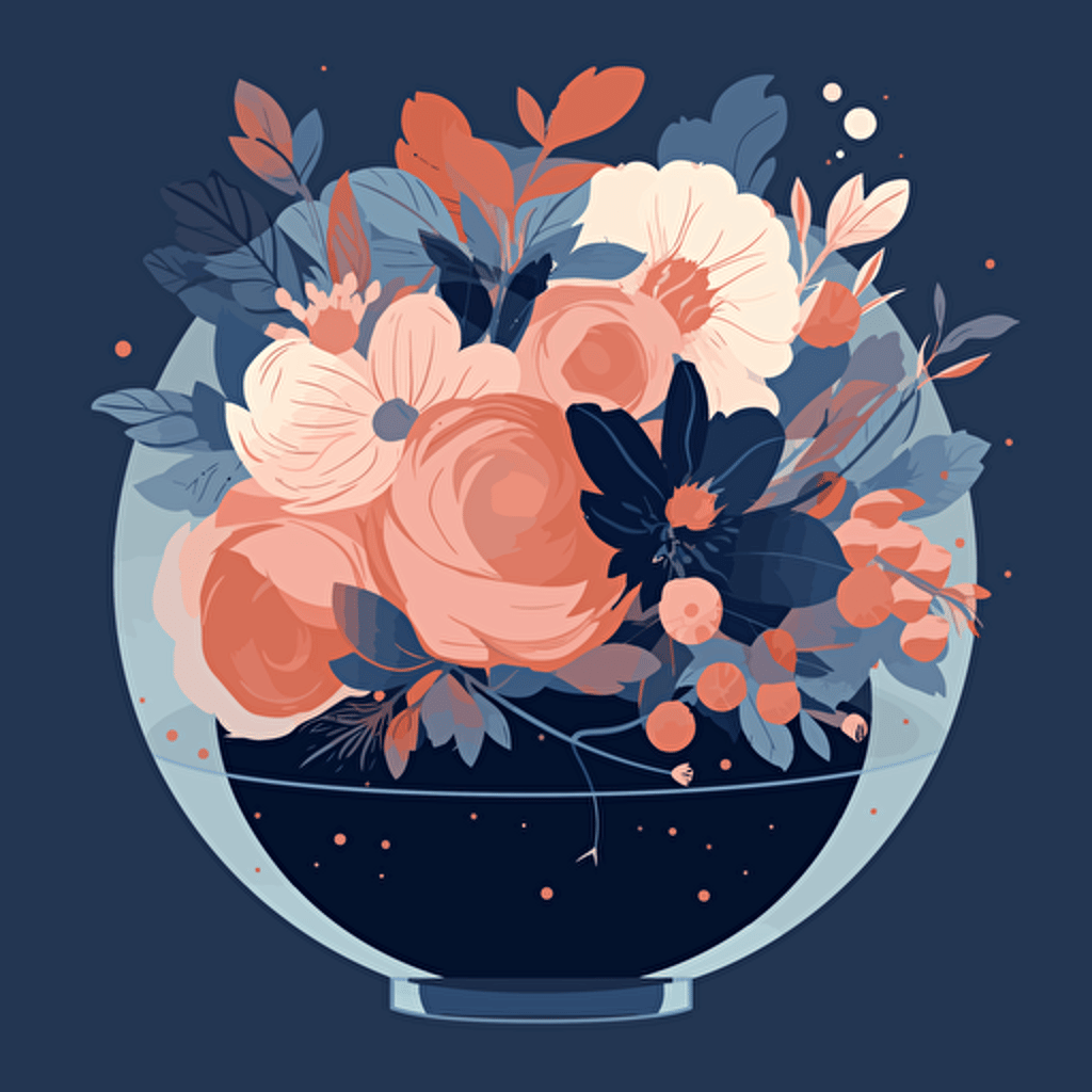 3 flat colors vector illustration of blush and indigo flower arrangment