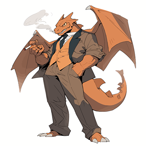 charizard wearing a suit, smoking a cigar, vector art, 2d