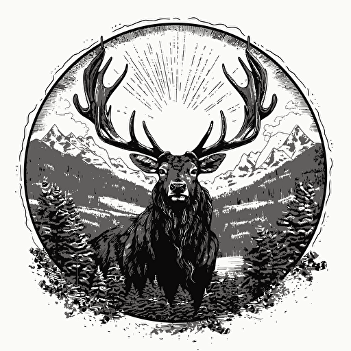illustrated elk bowing head in contemplation, black and white vector, simple, ::woodblock style