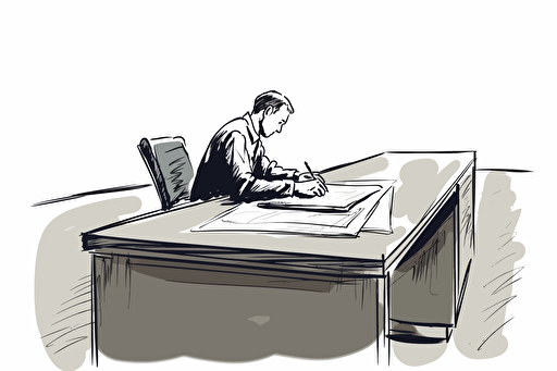 A vector illustration of a person writing or drawing at a conference room table. White background.