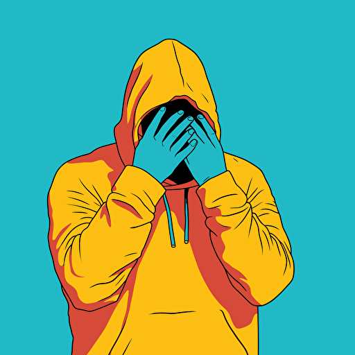 person wearing hoodie taking off hood by tim lahan, flat colors, three quarter pose, 2d vector art