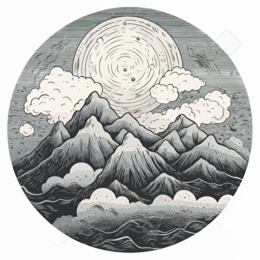 rolling mountains atmospheric clouds blowing, vector doodles illustration minimalistic sacred geometry in a circular pattern, angelic, contrast of scale