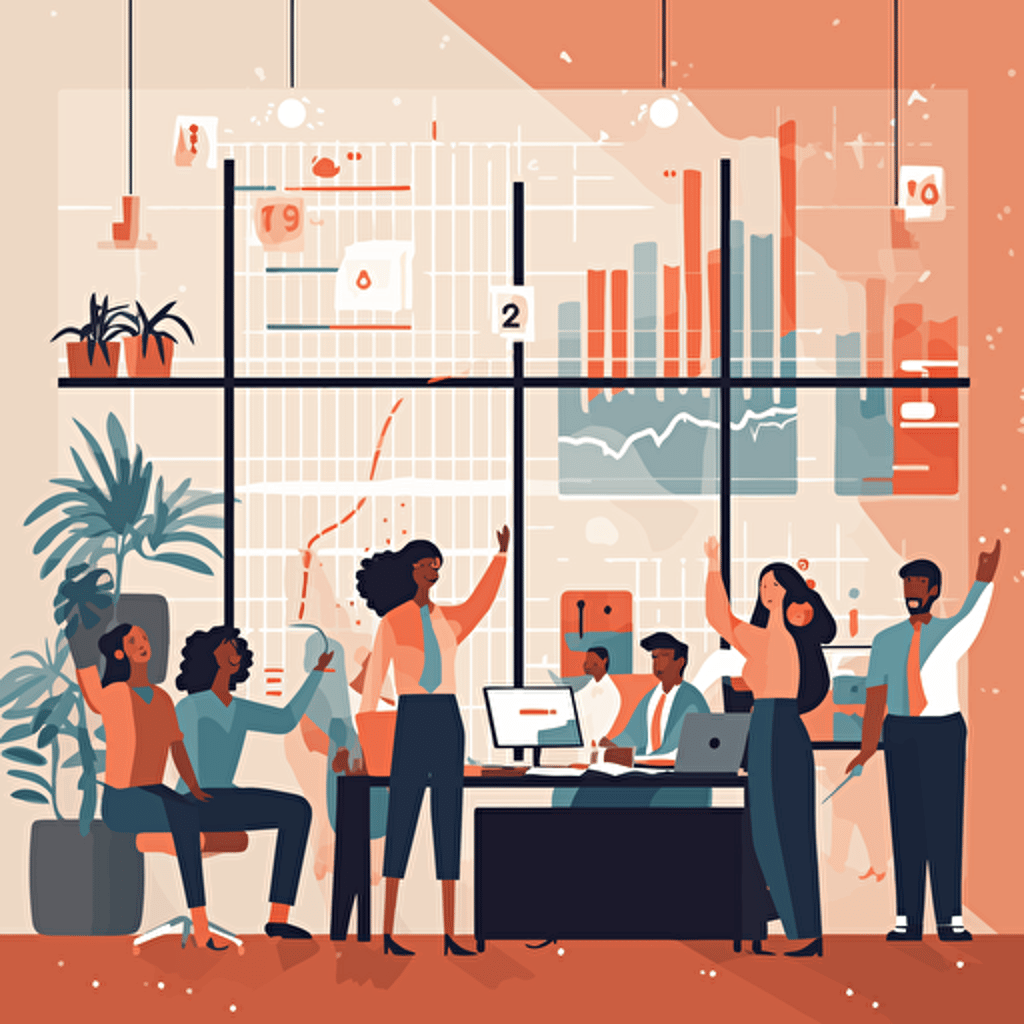 A modern office scene where employees celebrate increased web traffic, rising charts projected on a wall, employees exchanging smiles and congratulations, a positive and friendly atmosphere, Illustration, vector style,
