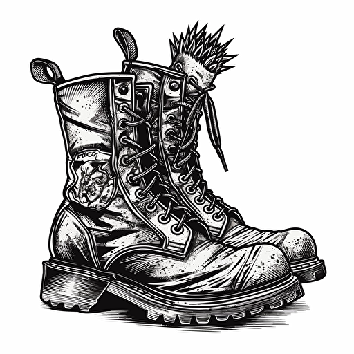 a jet black punk rock boot with a razor sharp mohawk, black and white ink vector illustration, militant, ANTIFA