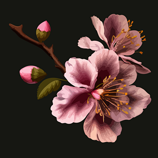 One prunus persice flower in dark pink, no background, vector, background has shade #1B110B