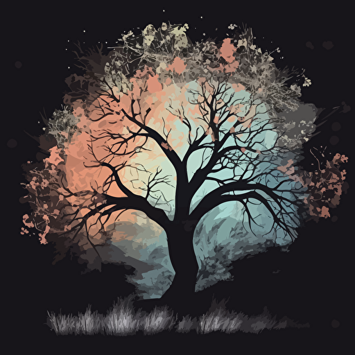 an old lonely tree on black background, pastel colors, 2d vector