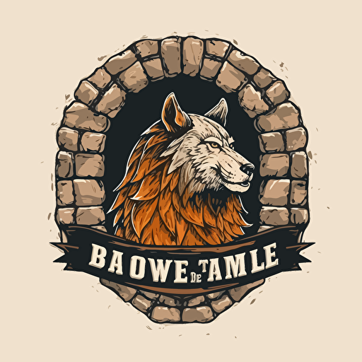 simple vector logo, beer keg and wolf head, brewery, old stone wall behind