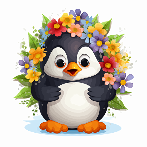 cute good luck penguin, flowers, detailed, cartoon style, 2d clipart vector, creative and imaginative, hd, white background