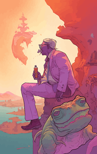 flat vector book cover design by moebius showing painted wallpaper hawaii background to a pink anthropomorphic gecko salesman wearing a battered worn suit