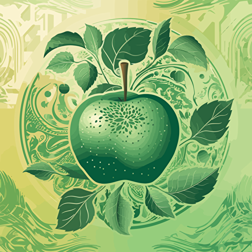 a green slicedd apple illustration with framed botanical ornaments simplified illustration with a shinning sun using the illustrator illustration styles, vectorized, moder pantone colorful pallet
