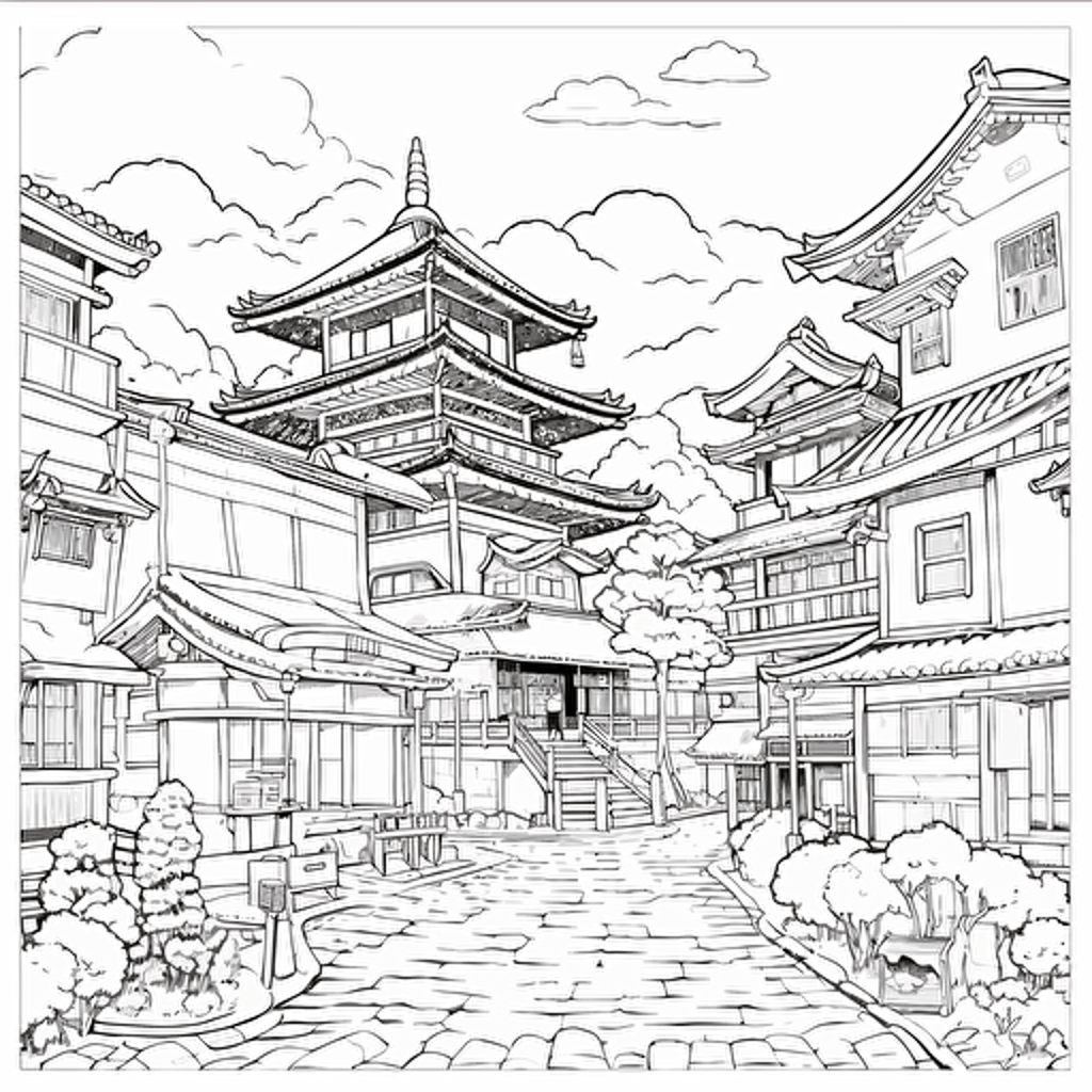 DND Fantasy. Japanese Style City. No Shadow. Cartoon. Coloring page. Vector. Simple.