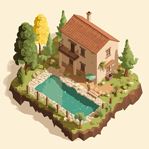 small humble spanish cottage, small pool, vector, isometric, hill, forrest