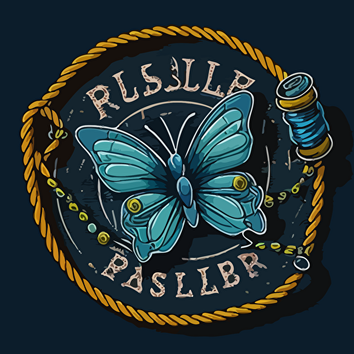 a cartoonish logo design for a handmade bracelet workshop, with the wording "Pulser Art" , that features a 2D vector logo design, including spool of thread, a bracelet embellished with colored beads and a blue butterfly, surrounded by a thin rope.