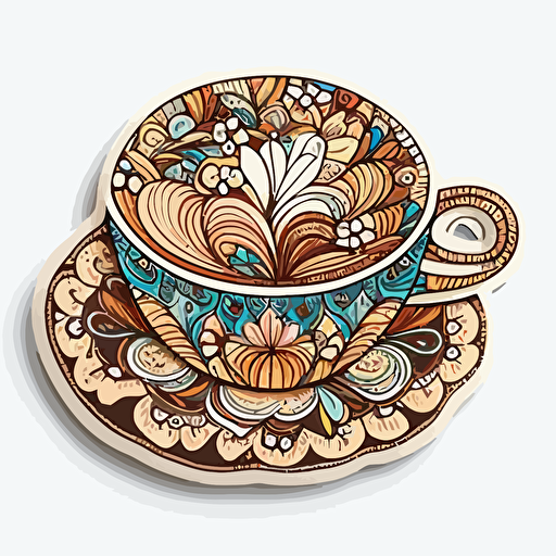 Cappuccino , Sticker, Delighted, Vibrant Color, Folk Art, Contour, Vector, White Background, Detailed