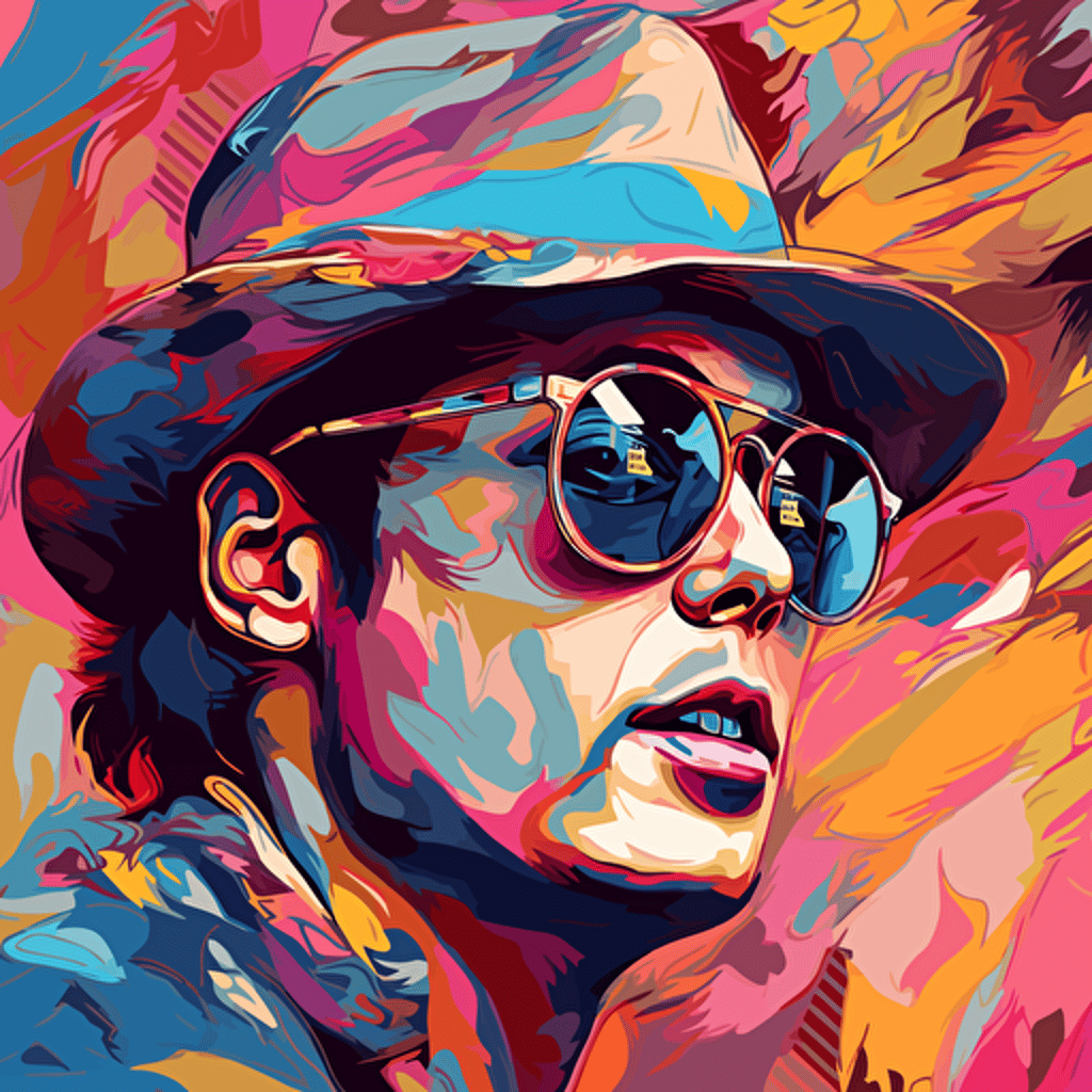 Art in the style of Tristan Eaton, Raoul Duke, Johnny Depp, Fear and Loathing in Las Vegas, Psychadelic vector art, palette knife texture, Palette knife drawing