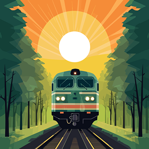 vector illustration of train, front view, sun behind and trees