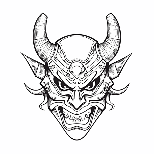 japanese mask demon samurai ignorant style No Shadow. Cartoon. Coloring page. Vector. Simple.