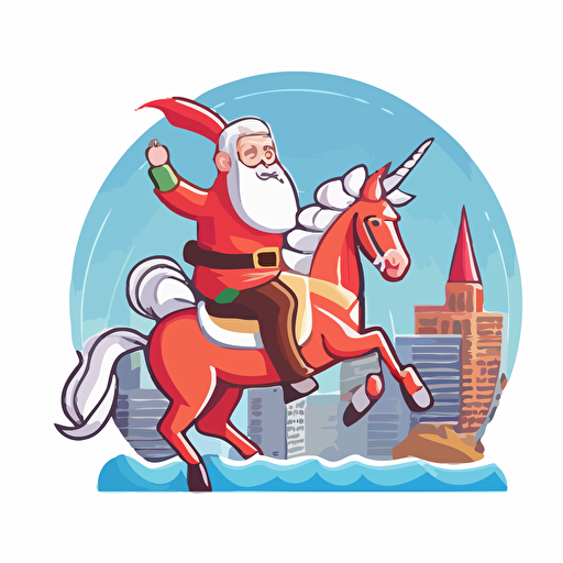 funny santa riding a unicorn in bad part of city, vector logo, vector art, emblem, simple cartoon, 2d, no text, white background